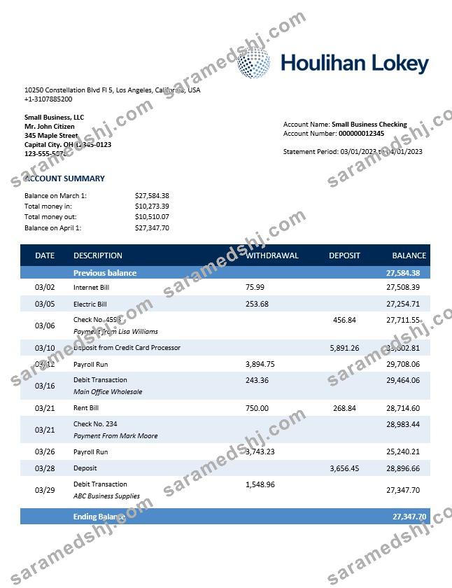 Houlihan Lokey Inc Bank company checking account statement Word and PDF template